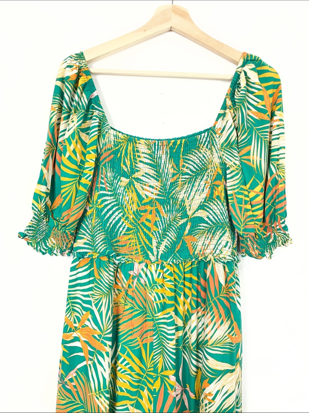 Betsey Johnson Women L Green Tropical Palm Print Square-Neck Smocked Maxi Dress - Picture 6 of 8